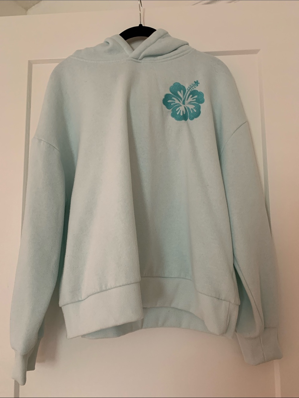 Light Blue Hoodie with Teal Hibiscus Embroidery